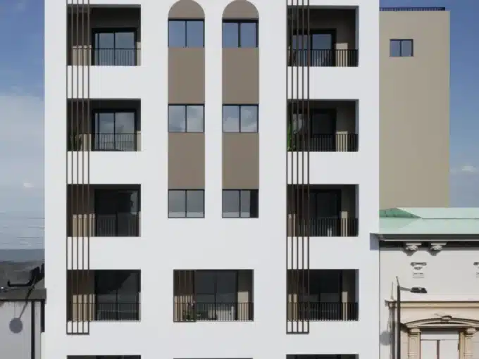 Sea-facing exterior of The Alcyon apartments in Kavala