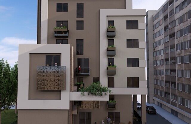 Front exterior rendering of Bomo Smart Apartments in Piraeus