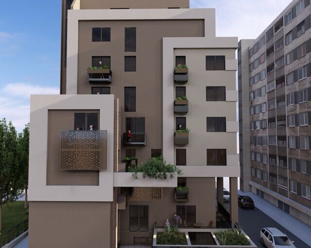 Front exterior rendering of Bomo Smart Apartments in Piraeus