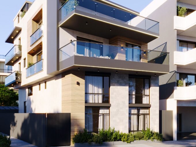 Exterior rendering of Royal Metro Suites Golden Visa apartments in Ellinikon with glass-fronted balconies