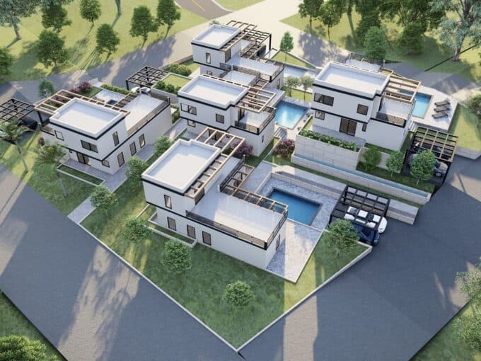 Aerial rendering of the five Levante Villas and landscaped gardens with optional pools