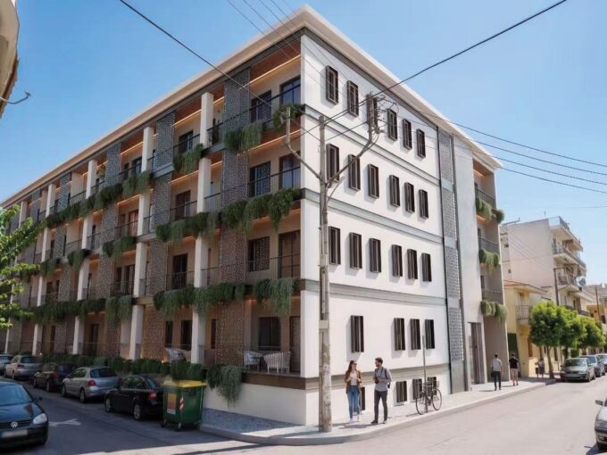 Corner exterior rendering of The Grove Golden Visa apartments in Nea Ionia