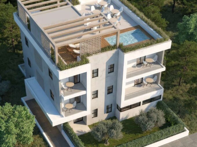 Exterior rendering of Afea Residence Golden Visa apartments in Agia Marina with balconies and a shared rooftop pool