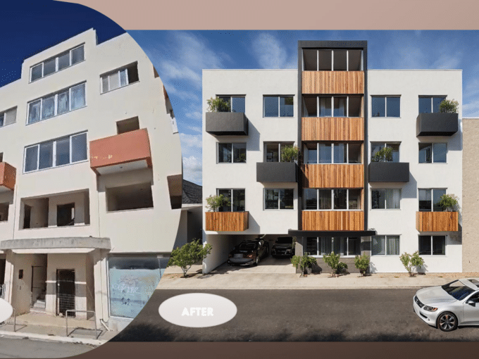 Nova Residences Golden Visa apartments in Markopoulo, existing exterior and proposed renovation rendering