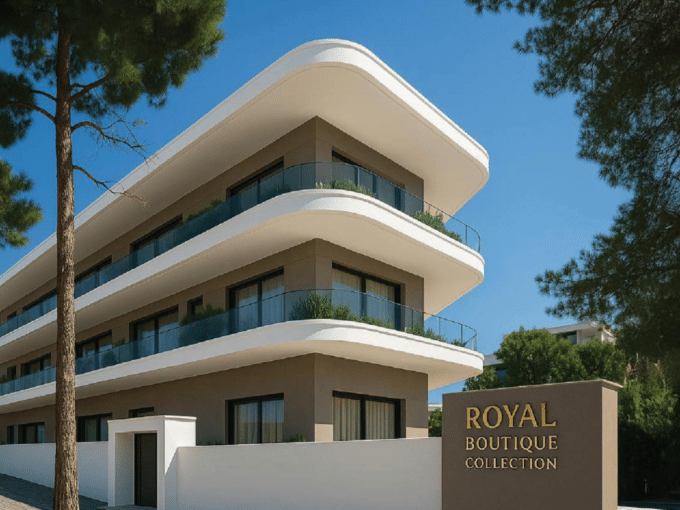 Exterior rendering of Royal Boutique Collection Golden Visa apartments in Neo Irakleio with curved balconies