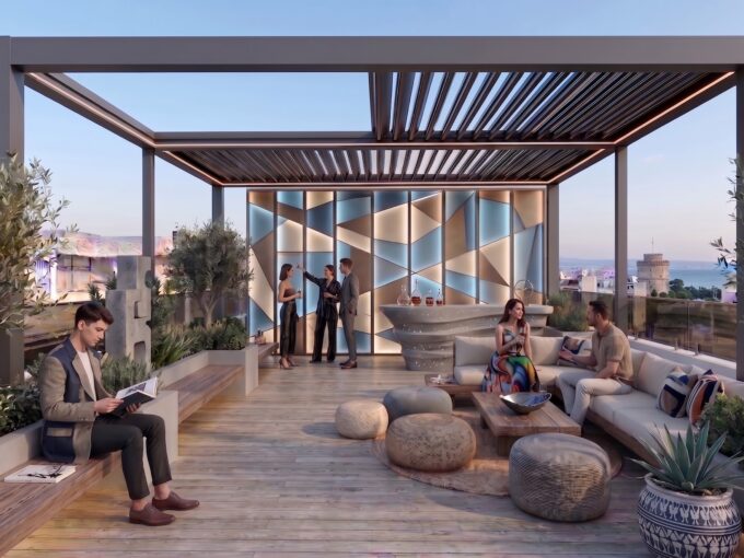 Shared rooftop terrace at Harbor View Golden Visa apartments in Thessaloniki, architectural rendering