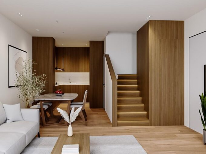 GA1 living and dining area with an internal staircase at Royal Piraeus Maisonettes