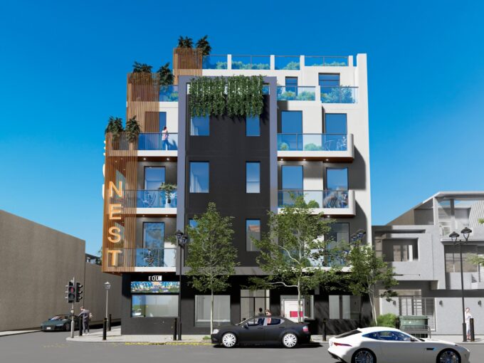 Exterior architectural render of Edu Nest apartments at Patision 215 in Athens, project N673