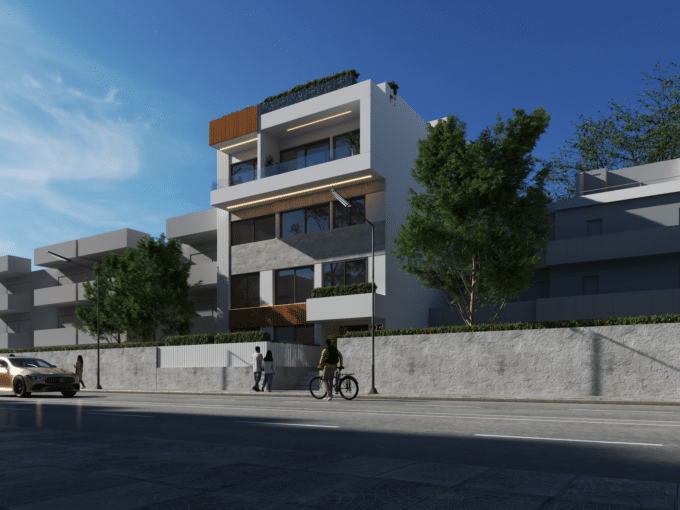Golden Nest front facade architectural render at 25 Kallidromou in Peristeri, project N674
