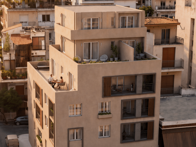 Orion Residence N677 corner facade and balconies in Neos Kosmos, Athens, architectural rendering