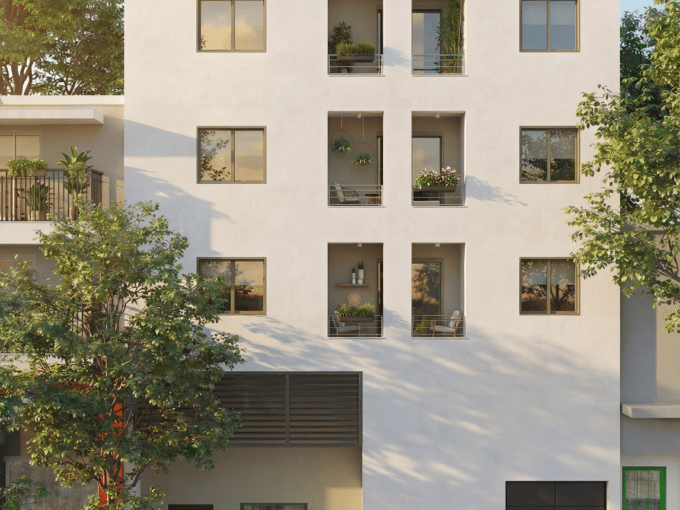 Cosmo I N679 facade and balconies in Neos Kosmos, Athens, daylight architectural rendering