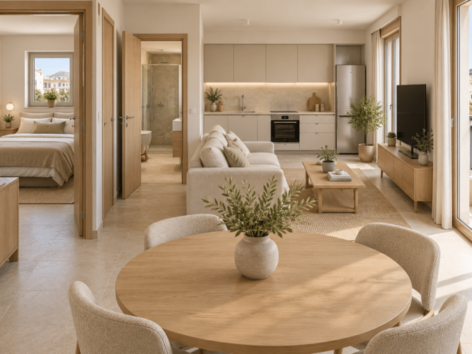 Interior rendering of Imittou 6 Golden Visa apartments in Agioi Anargiroi, showing the living room, kitchen and bedroom